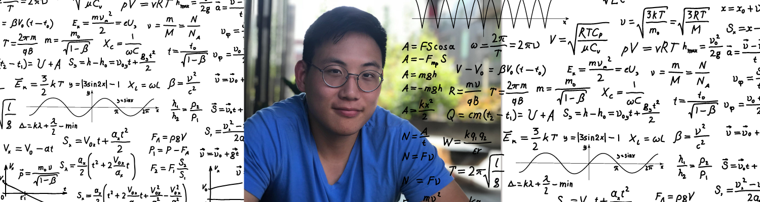 Aaron Li framed by hand-written mathematical equations