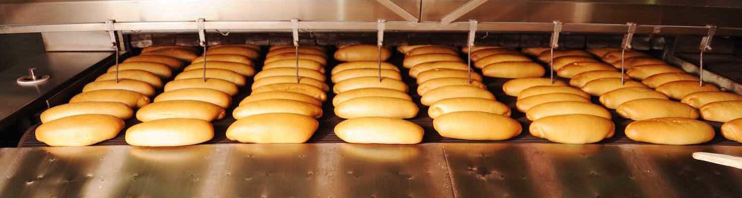 Rows of bread loaves in a factory