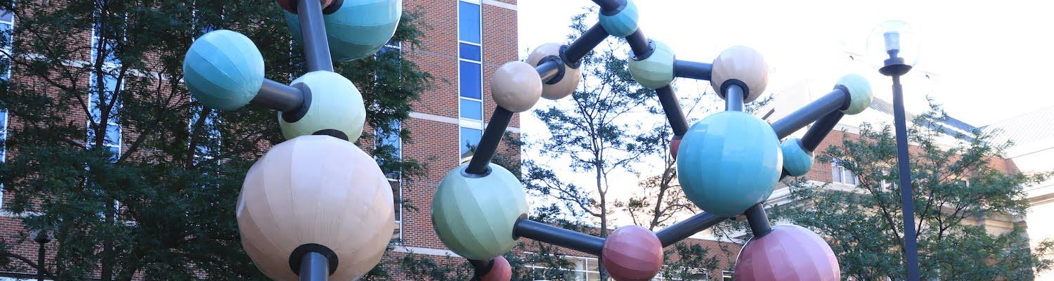 Molecule sculpture outside the Molecular and Cellular Biology building