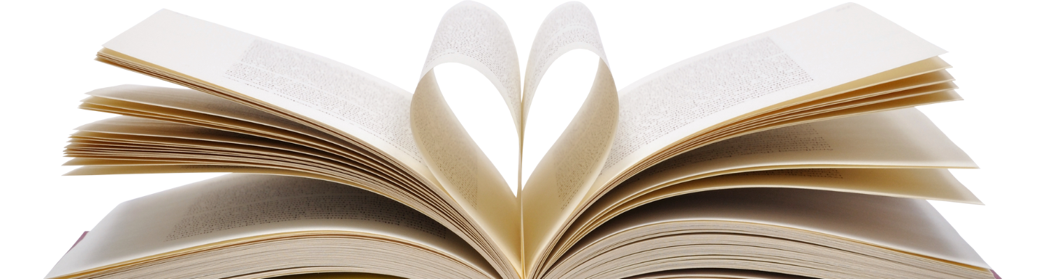 A hardcover book opens to its center pages, two of which are curled over to the spine to create the outline of a heart