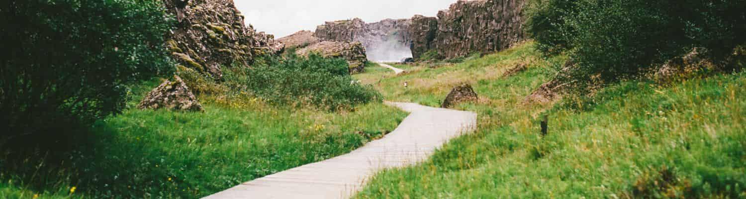 A winding wooden path through green grass and small rocky hills.