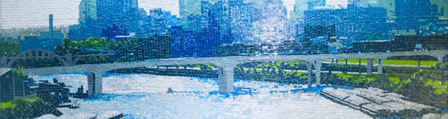 Detail of mosaic of a bridge over the Mississippi River with the Minneapolis skyline in the background on a sunny day