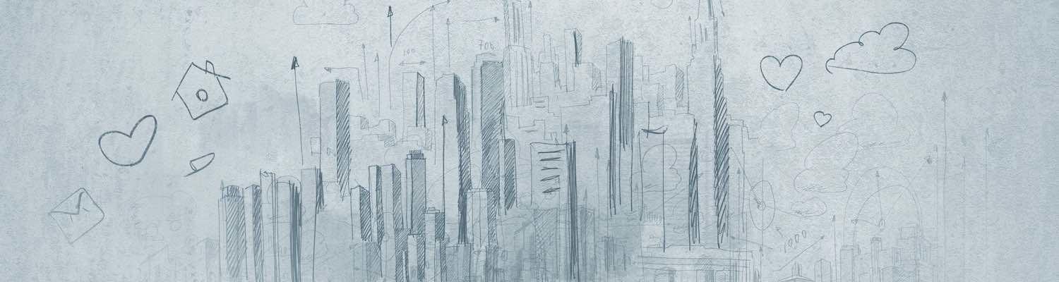 Pencil sketch of skyscrapers with clouds