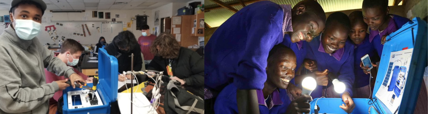 Collaged photos of young student building a solar suitcase on the left and five happy boys using the solar suitcase after it has been built on the right