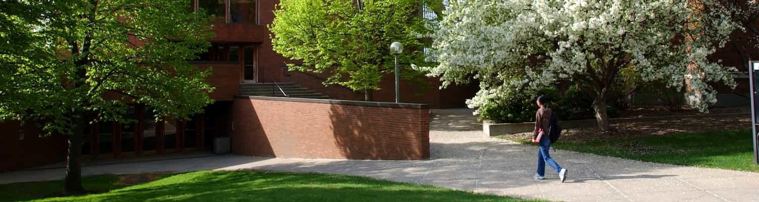 A student walking into Ruttan Hall with trees in bloom around them