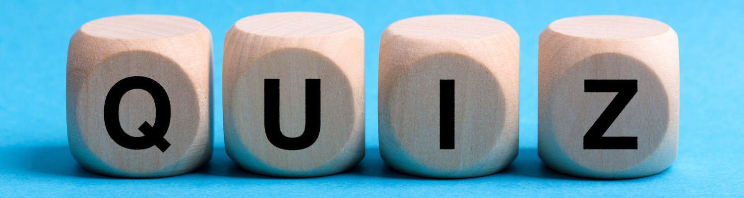 The word QUIZ spelled out with four die before a blue background
