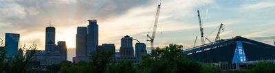 Minneapolis skyline with US Bank Stadium and cranes