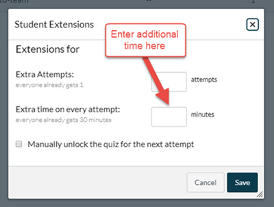 Enter the additional amount of time in the "Extra time on every attempt" text-field and press "Save" when done.